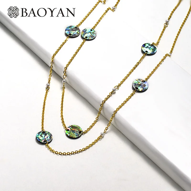 Baoyan, простое ожерелье из нержавеющей стали, модное ожерелье с кулоном, ожерелье с раковиной, уникальное золотое покрытие, длинная цепочка, ожерелье для женщин - Окраска металла: SSNEG142-15833