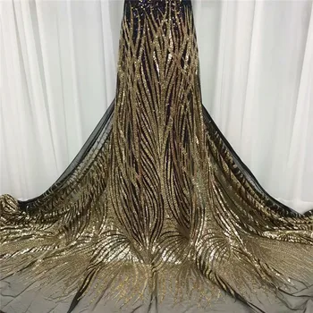 

2020 gold Flower Pattern Sequins Lace Fabrics Embroidery African French Tulle Lace Fabrics Sequence Laces Nigerian Mesh Lace