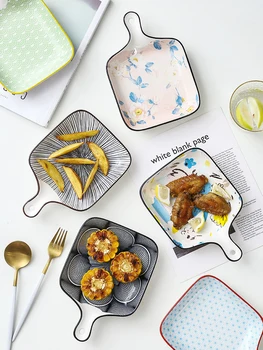 

Nordic ceramic baking dish cheese cutlery rectangular plate with handle microwave oven cooking plate steak cake plate