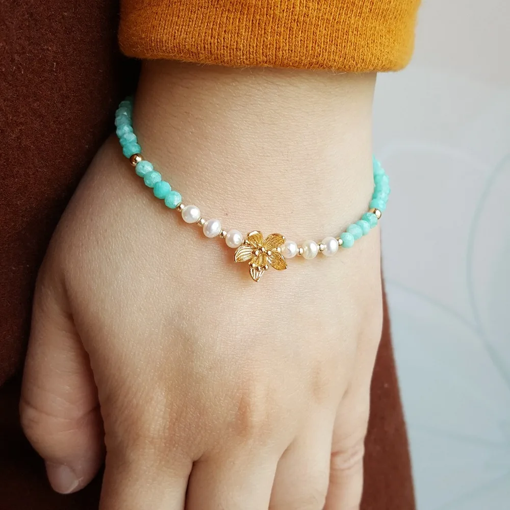 Lily Jewelry Амазонит браслет с натуральным жемчугом очарование цветок 925 пробы серебро золото цвет застежка сверкающие нежные ювелирные изделия