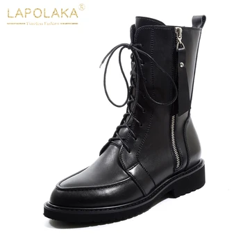 

Lapolaka Fashion New Genuine Cow Leather Ankle Boots Woman Shoes Zip Up Square Heels Spring Autumn Office Comfy Boots Ladies