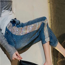 Нашивки сбоку бисер Стразы бриллианты сверление лодыжки Длина Высокая талия тонкие джинсовые брюки плюс размер джинсы модные брюки для женщин