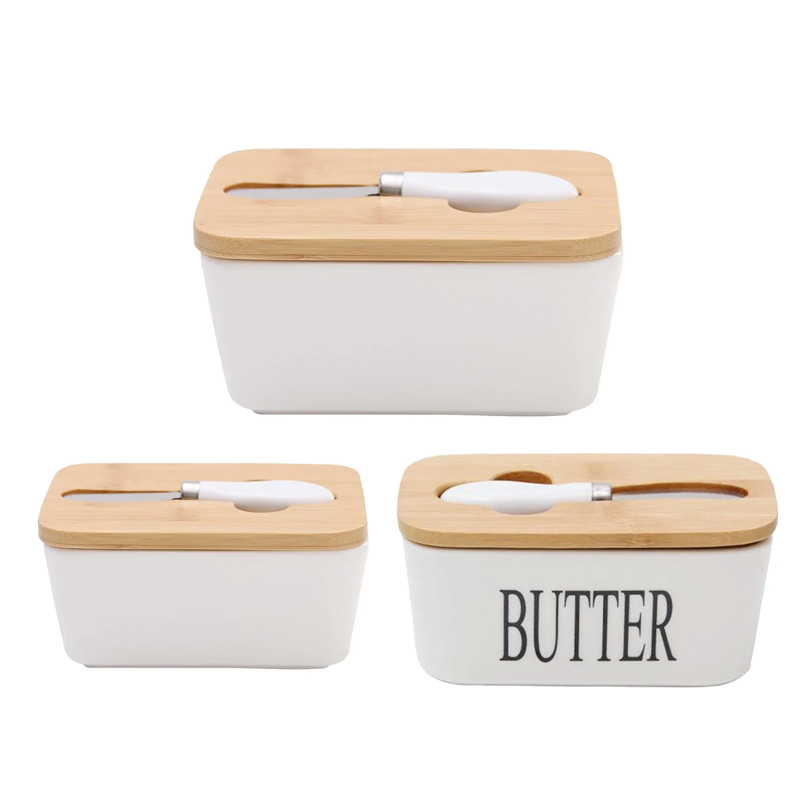 Ceramic Butter Dish with Knife Airtight Butter Keeper Storage Box Wooden Lid