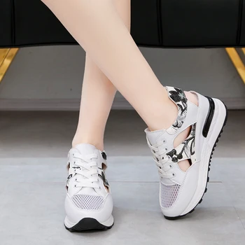 

Rimocy Summer Breathable Mesh Wedge Heel Sneakers Women White Leather Hollow Out Casual Shoes Woman Lace Up Vulcanize Shoes 2020