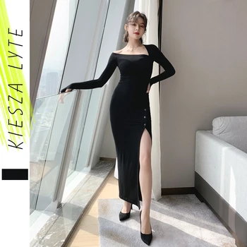 

2020 Spring new arrival women dress sexy button high slit irregular collar party club black midi dresses