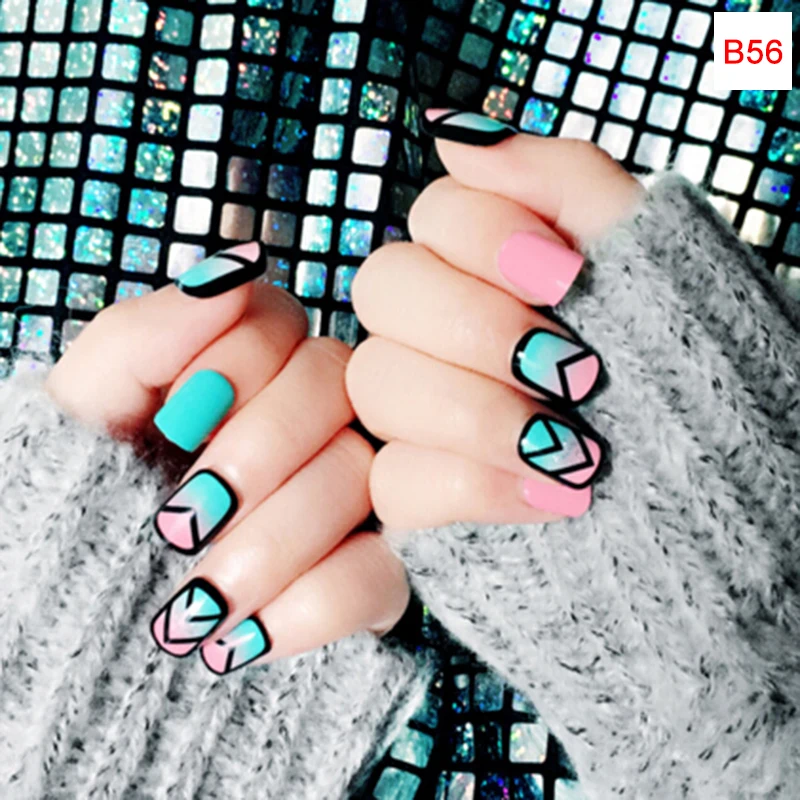 24pcs Green White Little Flower Fake Nail Art Decoration Short Square Head Full Cover False Nails Tips with Glue Sticker file - Цвет: as picture