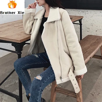 

2020 New New Women Lamb Fur Faux Leather Jacket Coat Turn Down Collar Winter Thick Warm Oversized Zipper With Belt Outerwear
