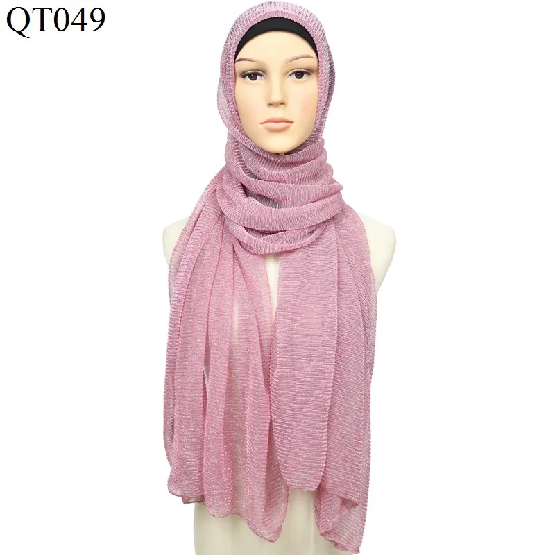 Сплошной цвет плиссированный Золотой и Серебряный шелковый шарф мусульманский шарф с хиджабом шарф женский платок на голову - Цвет: purple
