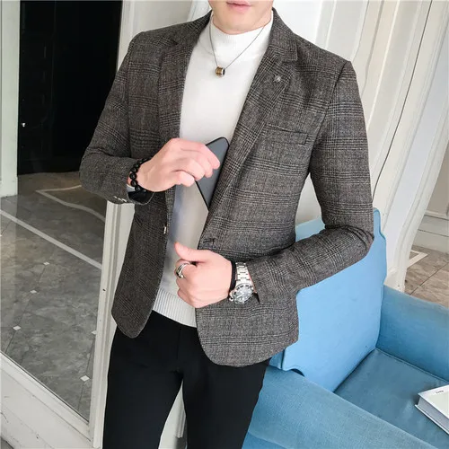 Dark Brown Мужские костюмы, Свадебный блейзер для жениха, корейский приталенный пиджак, пиджак на одной пуговице, мужские деловые Повседневные Вечерние пиджаки, мужской костюм - Цвет: Dark Brown