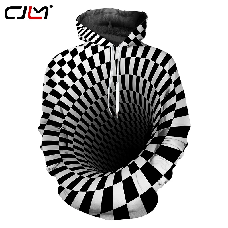 

CJLM Spring Fall Casual Hoodies Mens Wormhole Print Black White Grid 3D Sweatshirt Couple Hooded Hoody Long Sleeve Outwears Coat