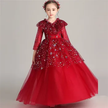 

Children Girls Luxury 2019 New Year Festivals Wine-red Sequined Princess Long Dress Teen Birthday Wedding Party Tulle Prom Dress
