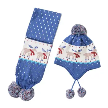

Toddler Kids Winter Reindeer Jacquard Beanie Cap Scarf Pompom Earflap Cap Warmer
