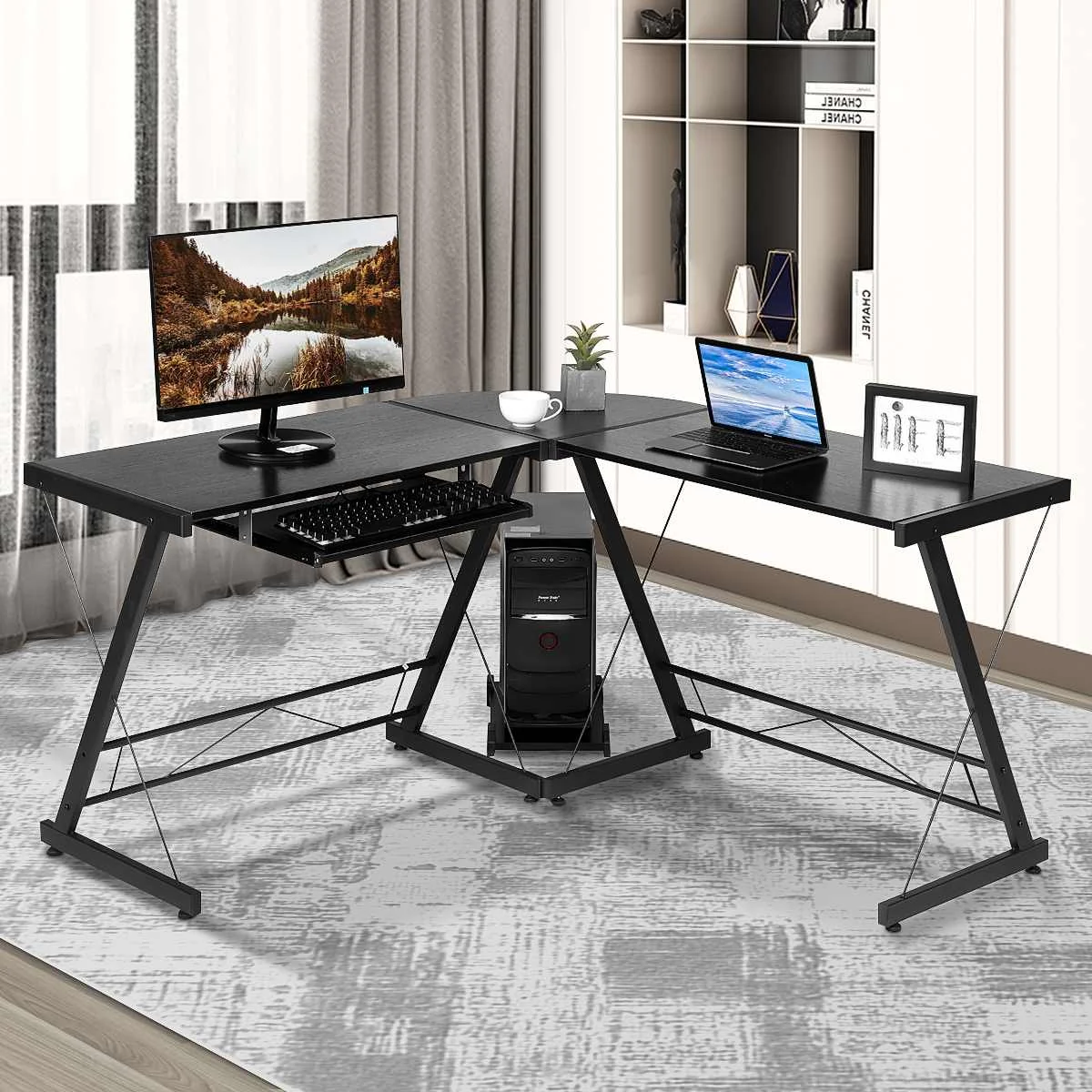 L-Shaped Desk Corner Computer Gaming PC Table Laptop W/ Keyboard Tray CPU Stand 
