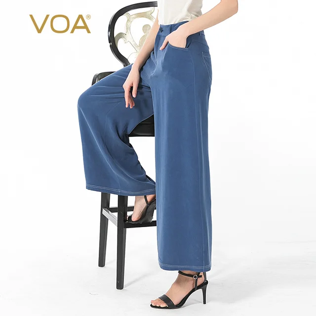 VOA Silk 30m/m Blue Trousers Fashion Street Women Pants KE3 Bright Line Decoration Loose Nine-Point Wide-leg Pant Spring 2021 A15
