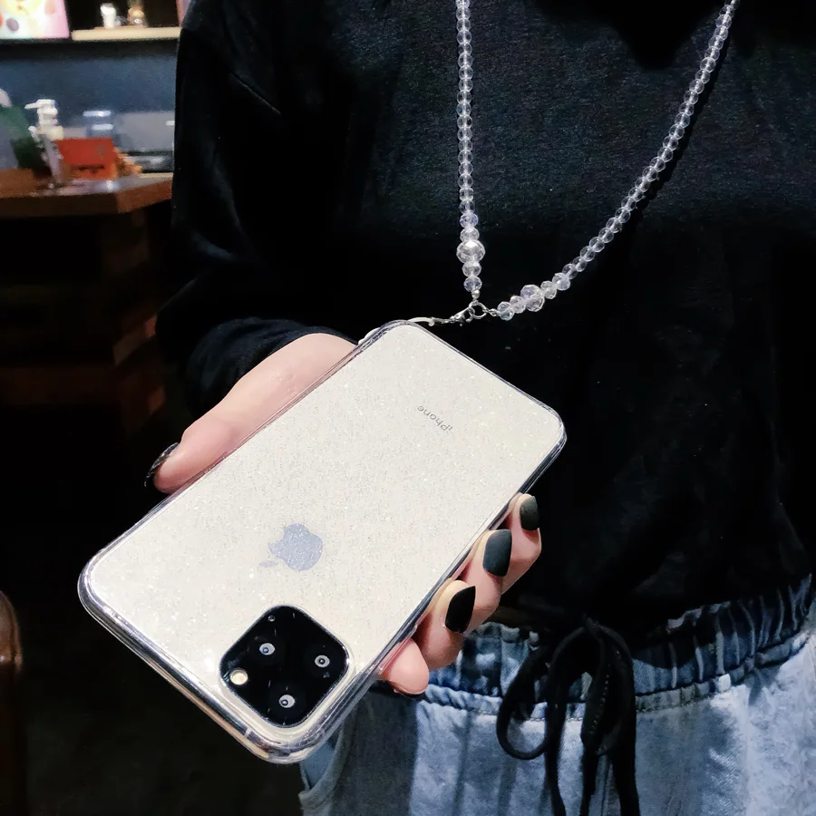 Чехол из ТПУ с ремешком и цепочкой для iPhone 6, 6s, 11 Pro, Xs, Max, шейный ремешок для переноски, чехол с блестками для iPhone 7, 8 Plus, Xr X