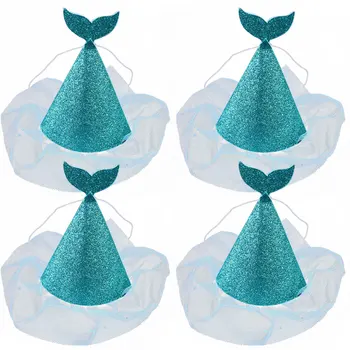 

4pcs Blue Glitter Paper Birthday Hats Mermaid Tail Party Cap Mesh Fish Tail Hat Theme Kids Girls Birthday Party Decorations