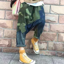 

Women Baggy Low Crotch Denim Pants Camouflage Patchwork Wide Leg jeans hip hop cowboy Harem Trousers Boyfriend Bloomers Joggers