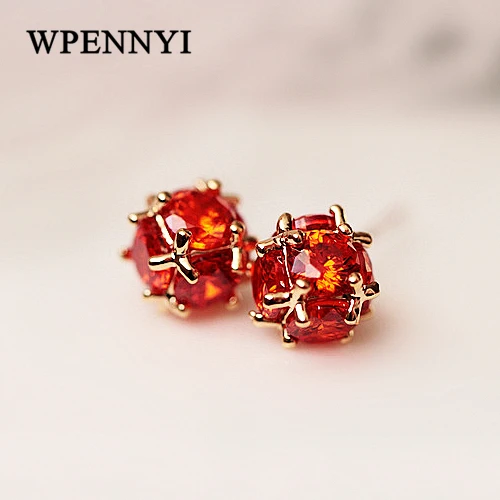 Счастливый милый шар Стиль Красный Кристалл циркония 7 мм Модные женские серьги золотистого цвета дочери рождественские подарки