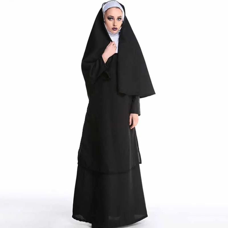 Хэллоуин Девы Марии Ролевые костюмы Для женщин сексуальный Косплэй Длинные вечерние платья Черный монахини костюм арабского Религия монах призрачная униформа