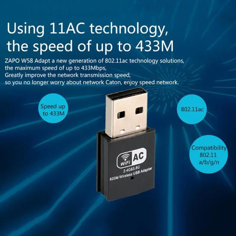 ZAPO W58 USB WiFi адаптер 600 Мбит/с AC беспроводная сетевая карта WiFi приемник
