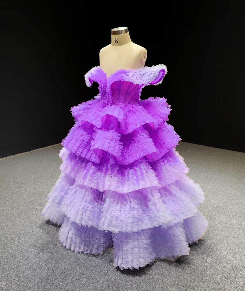 J66905 jancamber/Платья с цветочным узором для девочек; фиолетовые платья с v-образным вырезом и рукавами-крылышками на шнуровке; многоуровневые