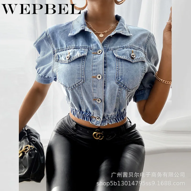 

WEPBEL Women's Casual Turn-down Collar Denim Short Coat Autumn Single-Breasted Short Sleeve Stitching Pocket Denim Jacket