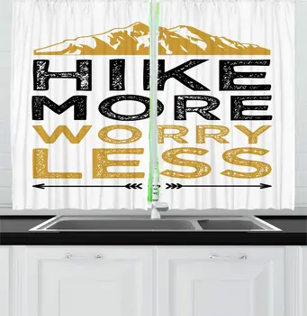 

Yellow Grey Saying Kitchen Curtains Hike More Worry Less Wording Arrows Mountain Motifs Window Drapes