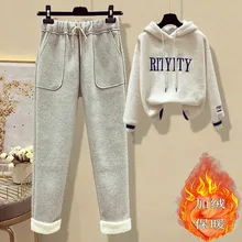 Two-piece Suit Women Plus Velvet Thickening Autumn and Winter Fashion Woolen Trousers Loose Lamb Wool Sweater