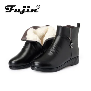 

Fujin Wool Women Snow Boots Fashion Flat Bottom Genuine Leather Shoes Plush Ankle Boots Fur Warm Platform for Women Winter Boots