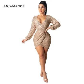 

ANJAMANOR Glitter Gold Sequin Dresses Woman Party Night Club Wear Deep V Neck Backless Long Sleeve Mini Bodycon Dress D41-AH07