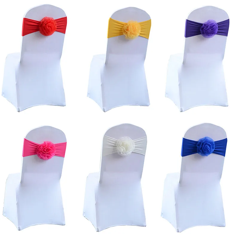 

100pcs Spandex Big Organza Flower Chair Sash Elastic Chair Band Bow Ties Wedding Party Banquet Supply