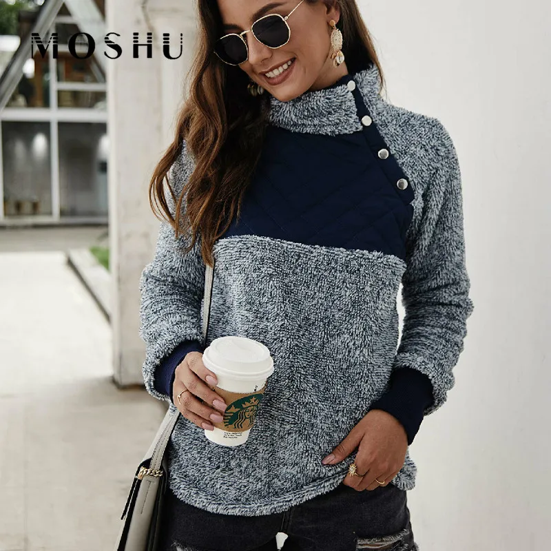  Sweatshirts Hoodies For Women Long Sleeve Fleece Female Streetwear Winter Patchwork Warm Plush Turt