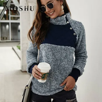 

Sweatshirts Hoodies For Women Long Sleeve Fleece Female Streetwear Winter Patchwork Warm Plush Turtleneck Top Sudadera Mujer