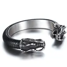 Высокое качество тяжелая черная кожа 316L нержавеющая сталь серебряный дракон голова байкер браслет леопардовой раскраски мужской браслет для мальчиков браслет