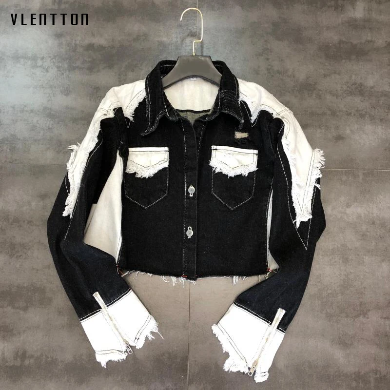 

Autumn New Black White Patchwork Denim Jacket Women Long Sleeve Tassel Hole Short Jeans Jackets Coat Female Casual Outwear Tops