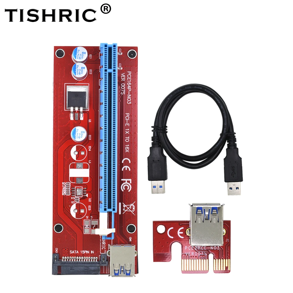 TISHRIC New Red VER007S PCI Express Riser Card 1x to 16x PCI-E extender 60cm USB 3.0 Cable 15Pin SATA for Mining Bitcoin Miner