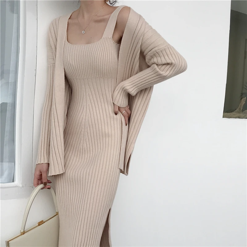 

Autumn And Winter New Korean Vintage Knit Spaghetti Strap Dress + Small Fragrance Long-Sleeved Cardigan Jacket Two-Piece Set
