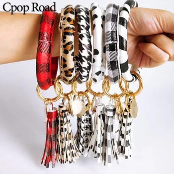 

Cpop Fashion PU Leather Wristlet Key Chains Bangle Leopard Circular Tassels Keychain Fashion Women Accessories Jewelry Girl Gift