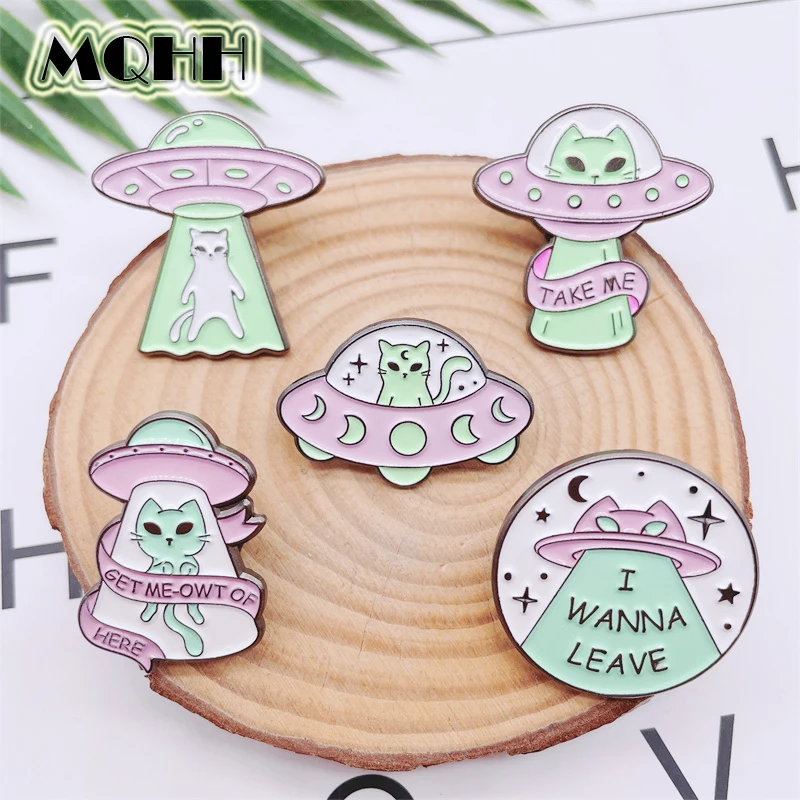 Creative Punk Space Ship UFO Enamel Pins Shape Cat Starry Sky Alloy Brooch Cartoon Badge Woman Jewelry Gift For Friends | Украшения и