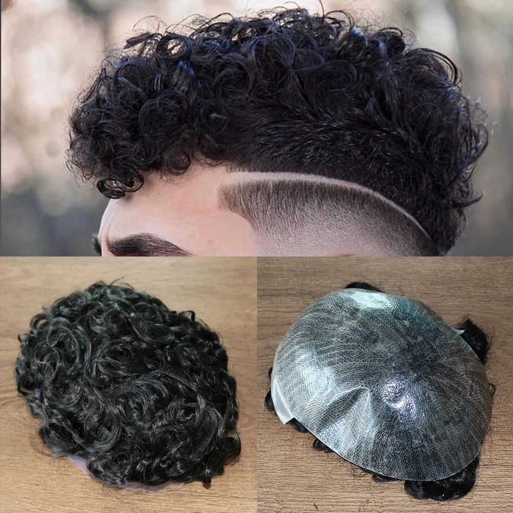 20MM Curly Full Machine Made Injected Technical Men's Wig Thin Skin Base Human Hair Toupee Replacement System #1B Color 8x10inch
