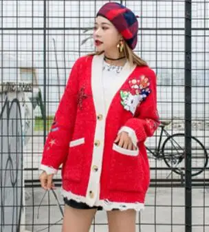 SexeMara/Новинка; модный Свободный вязаный кардиган свитер с блестками и рисунком; - Цвет: Красный