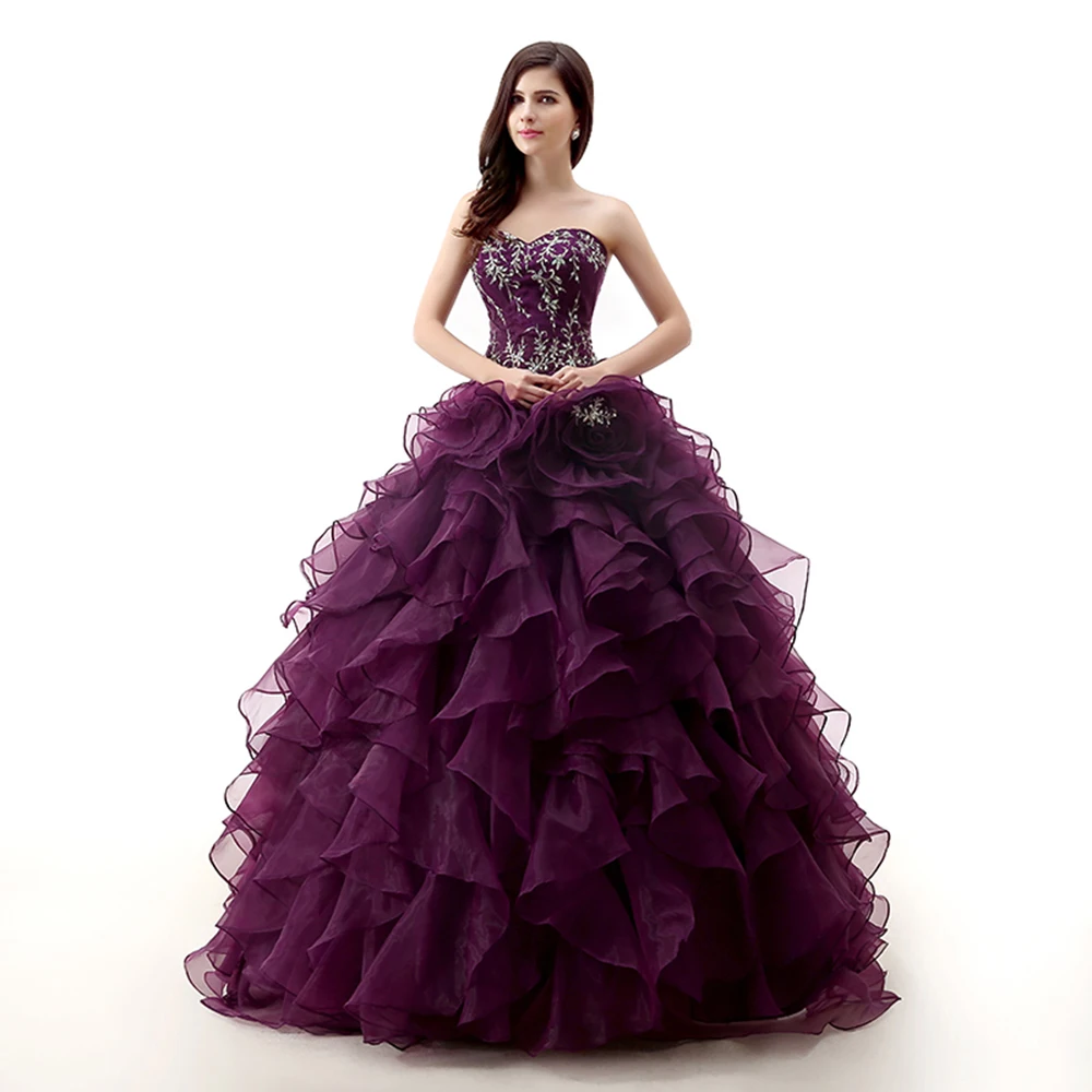 Vestidos de 15, бальное платье Пышное фиолетовое платье с вышивкой на шнуровке vestido de и фуршетов великолепные многоуровневые платья из органзы