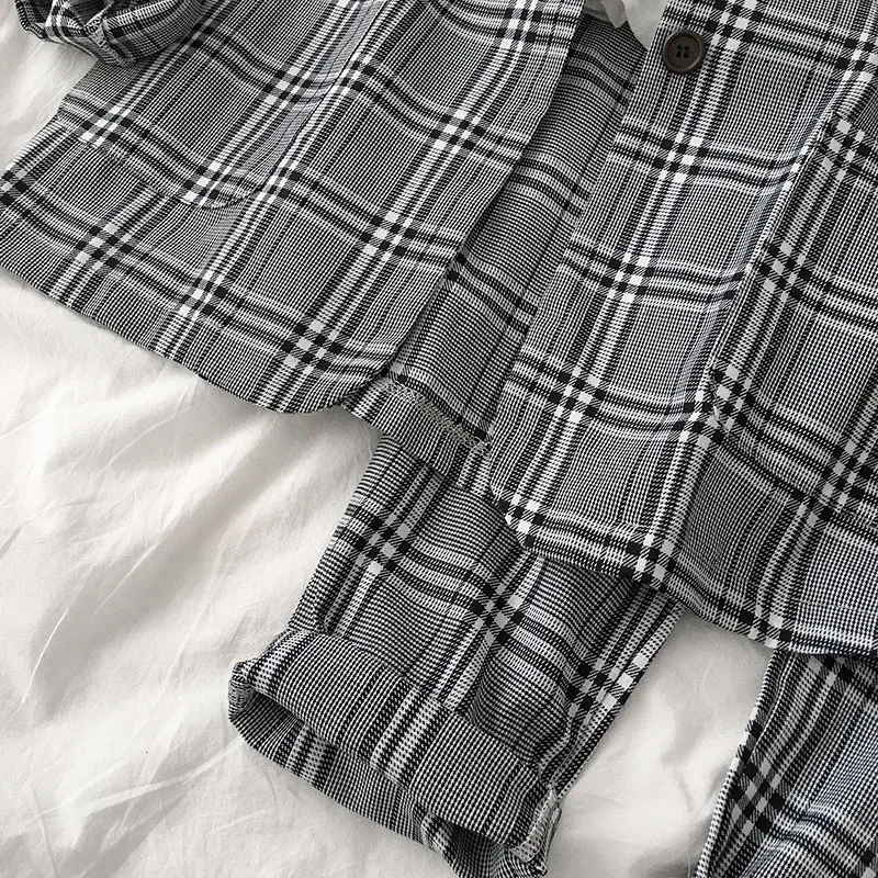 TYHRU/осенние клетчатые блейзеры, костюмы со штанами, куртка с воротником и карманами на одной пуговице+ штаны, комплект из двух предметов