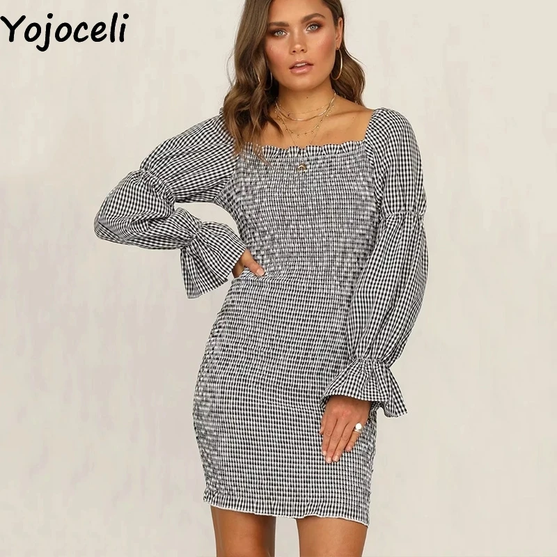 Yojoceli элегантное клетчатое платье с открытыми плечами и рюшами весеннее Короткое