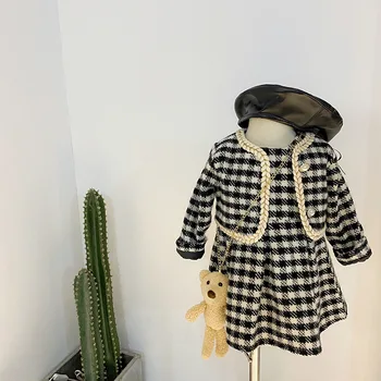 

Autumn Winter Children's Houndstooth Print Outewear Coats + Sundress + Bear 3Pcs Clothing Sets Princess Party Girls Suits