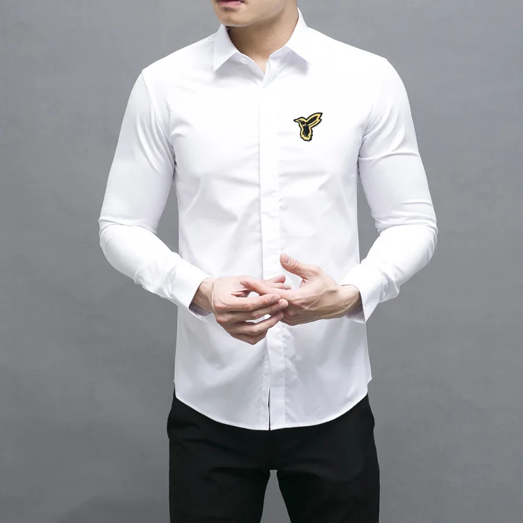 Бренд Качество чистый хлопок рубашка для мужчин новая вышивка Тонкий Chemise homme сплошной цвет с длинным рукавом мужские рубашки Camisas