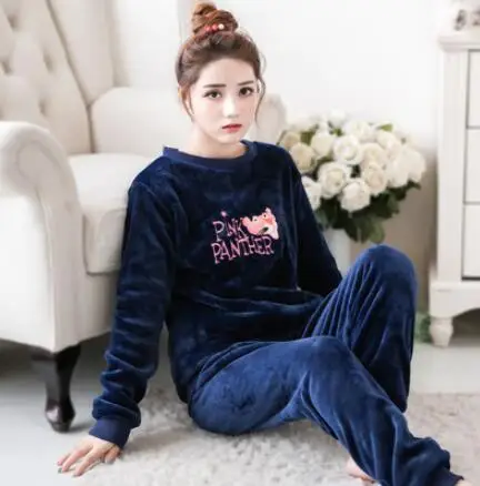 Blue pink leopard korean Flannel Warm Pajamas for Women Long Sleeve Home Suit Ladies sleepwear Velvet Pajama set Thick Feminino Pants Pyjamas - Цвет: Blue pink leopard