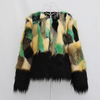 

S/9Xl Women'S Patchwork Imitation Fur Jackets Large Size Female Round Neck Mixed Color Fake Fur Coats Sobretudo Feminino K1288