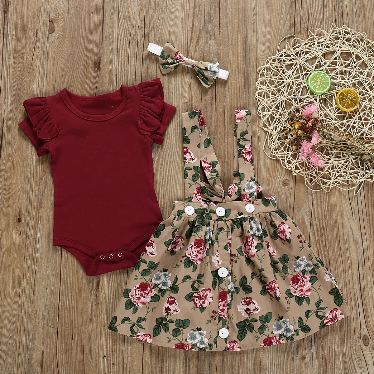 

Burgundy Romper Bodysuit and Rose Floral Suspender Skirt Clothes Set for Baby Toddler