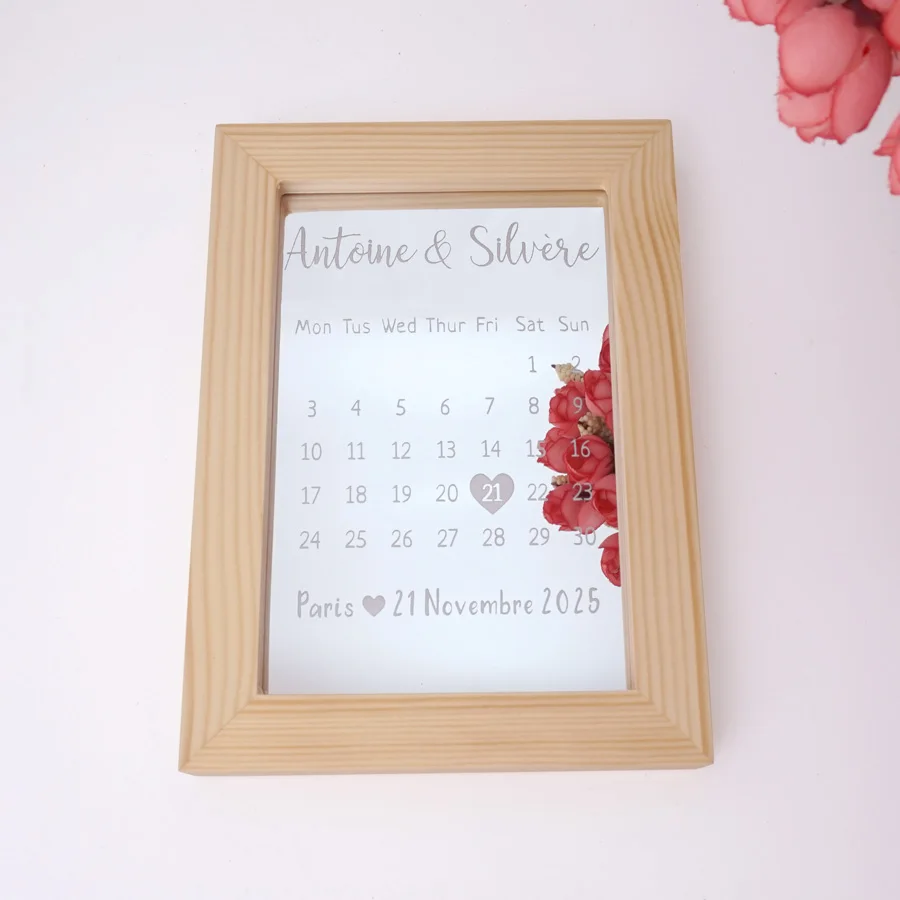 Personalized Wedding Party Decor Frame Custom Couple Name Date Wooden Frame Photo Frame with Acrylic Mirror Wedding Calendar